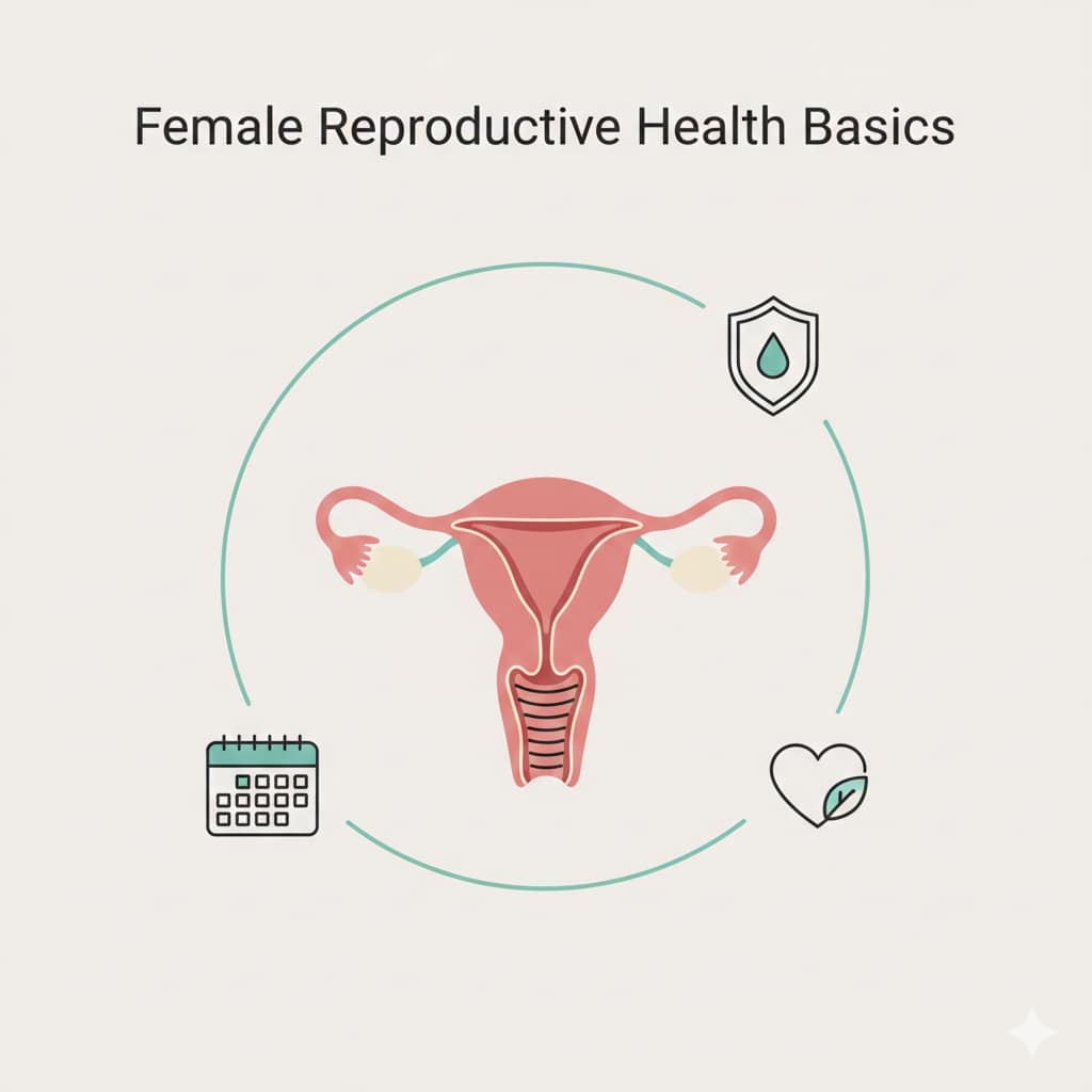 A professional and clean infographic illustrating the female reproductive system alongside icons for cycle tracking, hygiene, and general wellness.