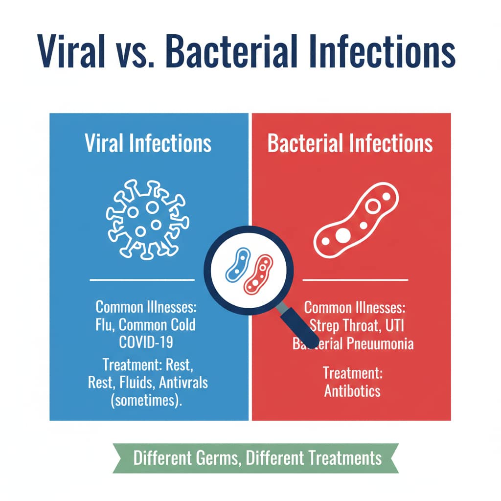 A medical infographic using a split-screen layout to compare viral and bacterial infections, detailing their common illnesses and primary treatment methods.