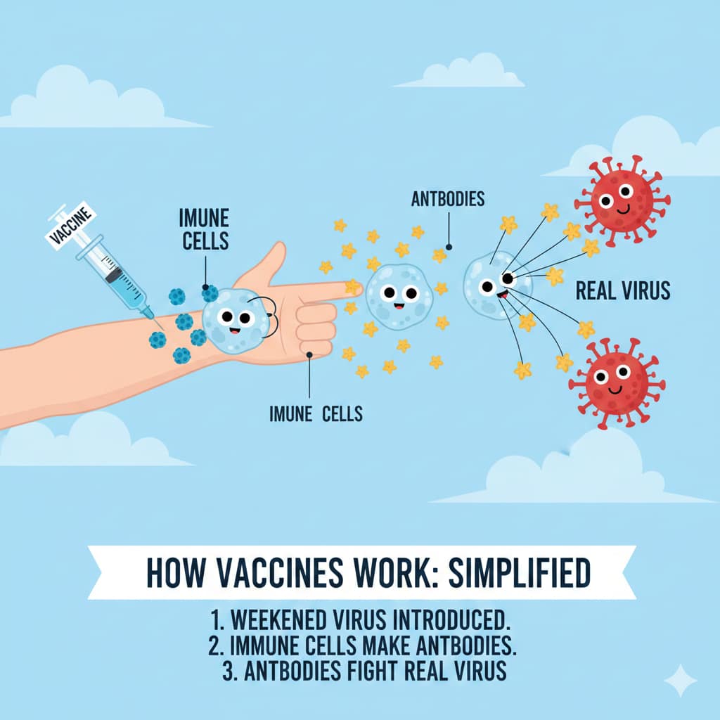 A simple infographic showing a vaccine training immune cells to create antibodies and fight against a virus.