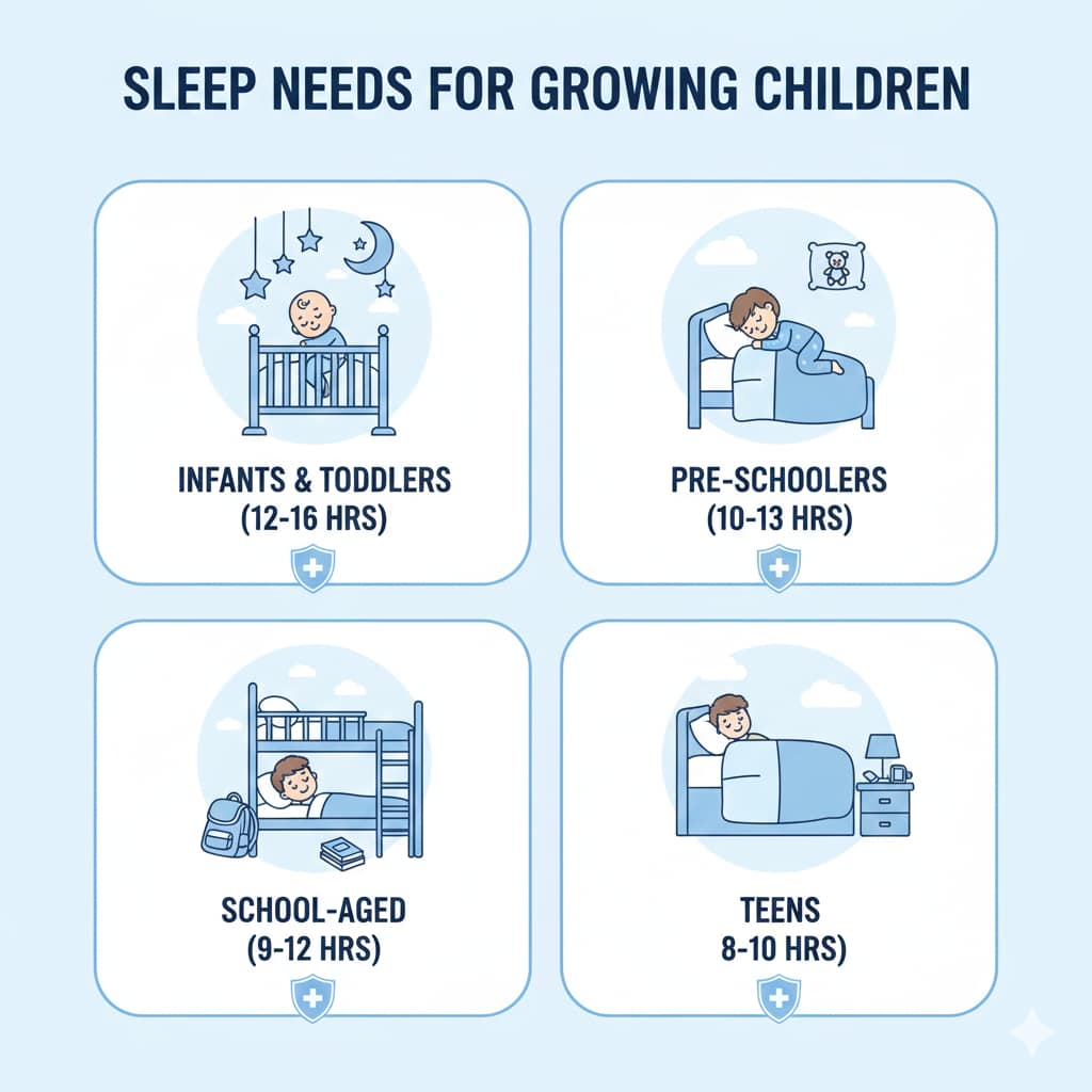 A clean blue and white infographic showing recommended sleep hours for four age groups: infants/toddlers, preschoolers, school-aged children, and teens.