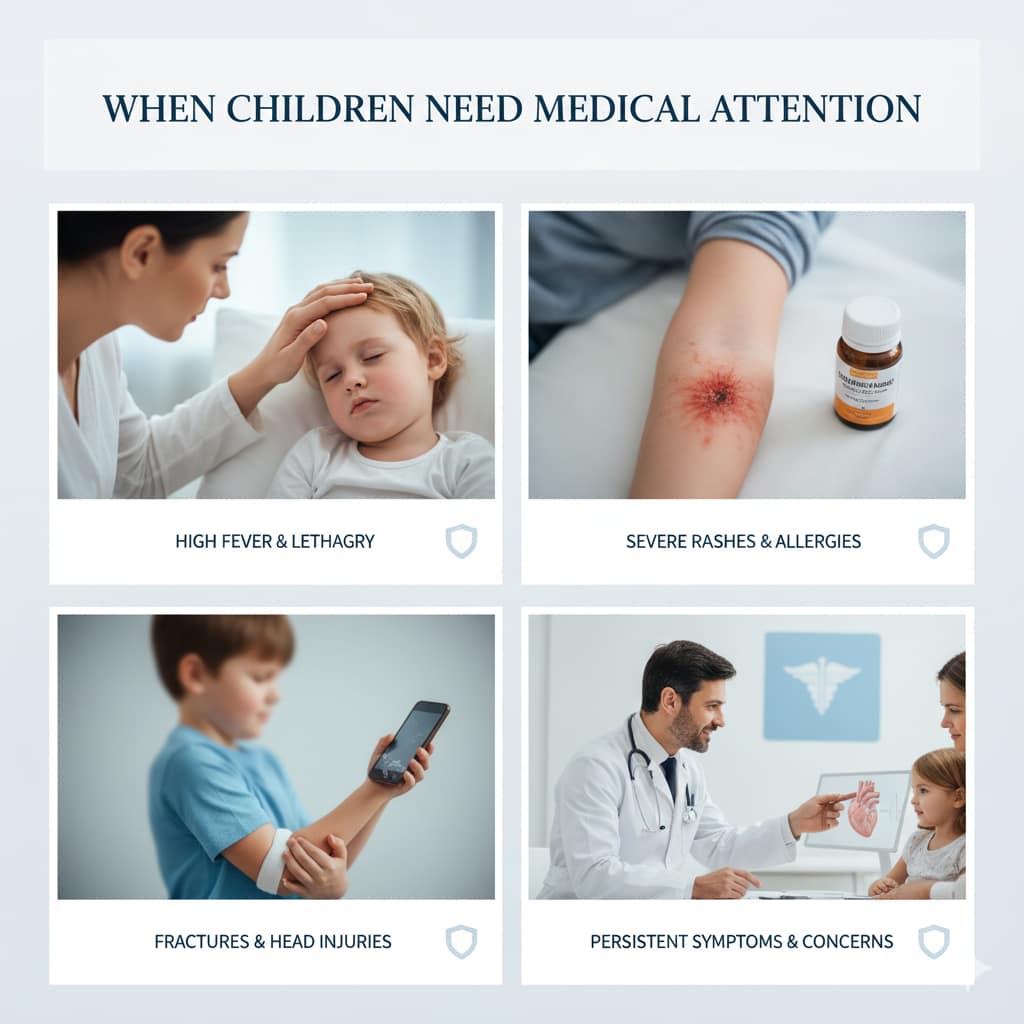 A medical infographic collage showing a child with a fever, a severe skin rash, a boy with a head bandage and arm sling, and a family consulting a pediatrician.