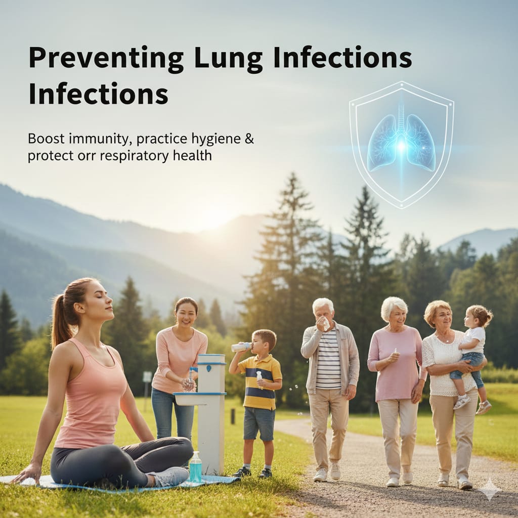 A family practicing hygiene and wellness outdoors with a protective shield icon over a lung graphic to represent infection prevention.