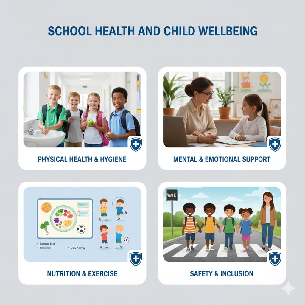 A bright educational collage illustrating four pillars of child wellness: physical hygiene, mental health support, nutrition and exercise, and school safety.