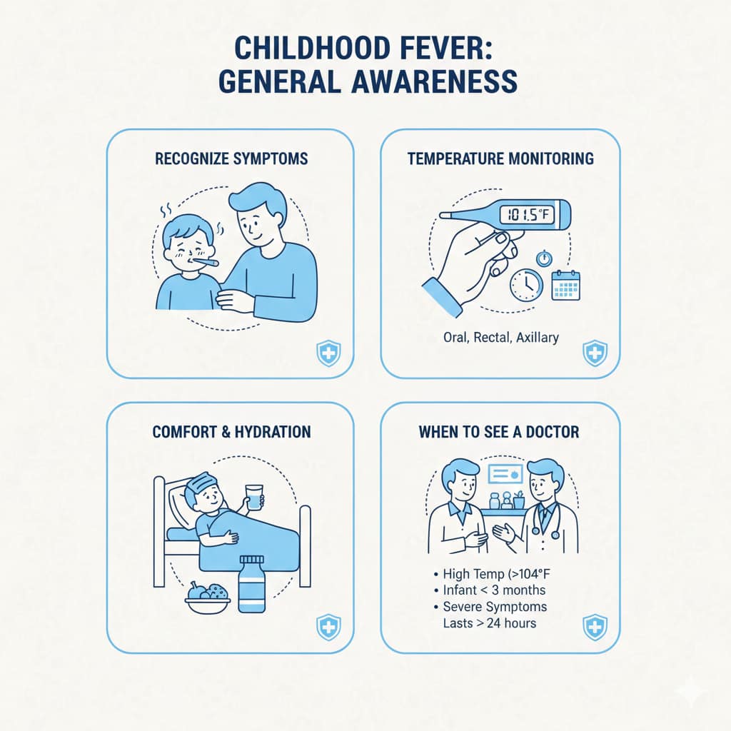 A classic-style infographic on a light textured background illustrating fever management steps: symptom recognition, temperature monitoring, hydration, and medical consultation.
