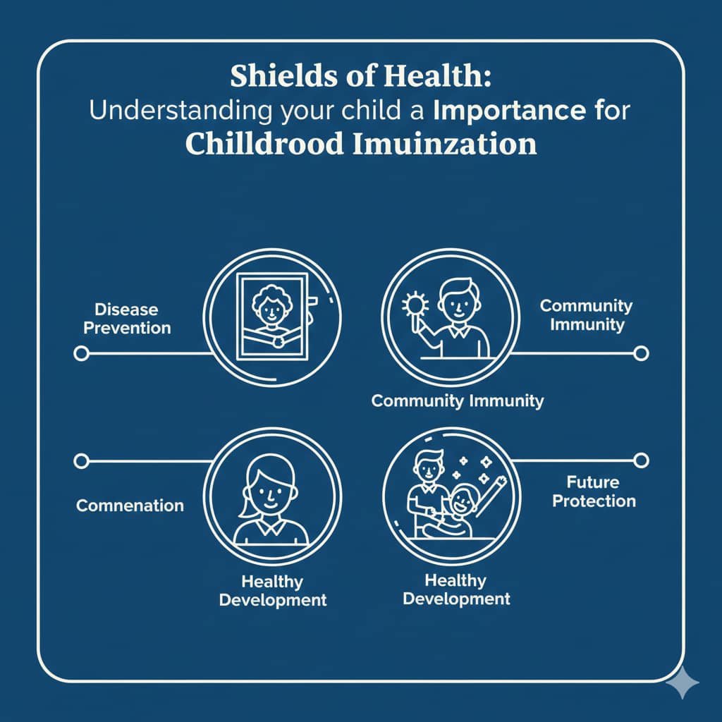 A professional navy blue infographic with white line icons illustrating the benefits of childhood immunization, including disease prevention and community immunity.