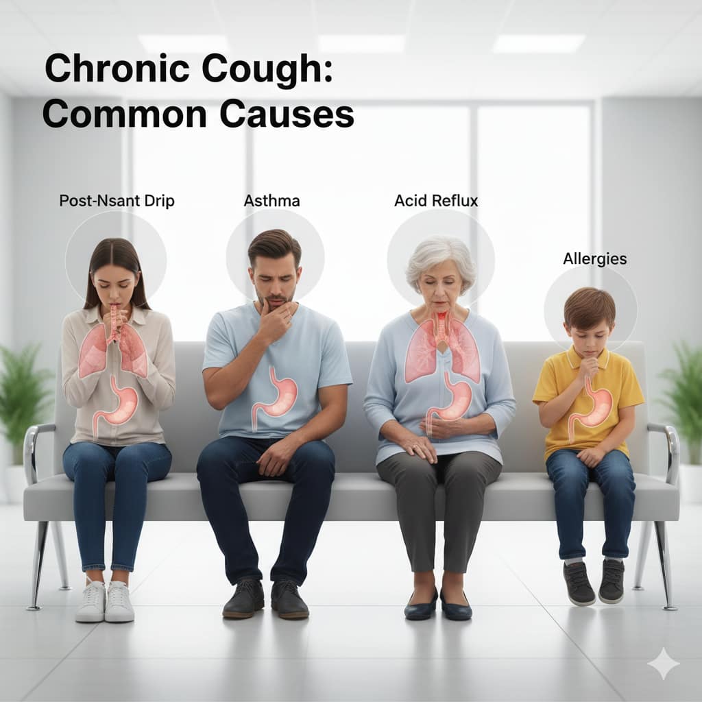 An educational graphic showing four people of different ages with anatomical overlays representing common causes of chronic cough like asthma, acid reflux, and allergies.