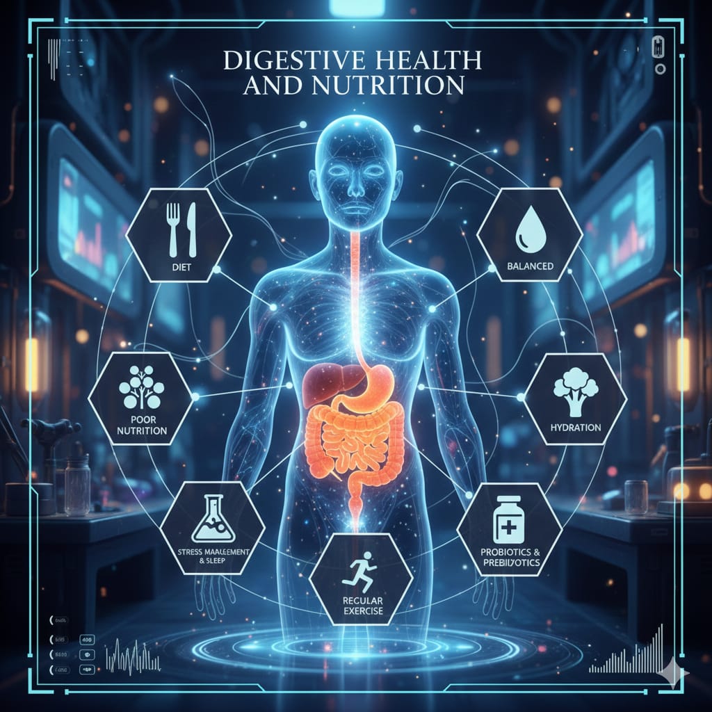 A high-tech, futuristic medical infographic featuring a glowing blue human silhouette that highlights a detailed, anatomically correct digestive system (stomach and intestines).