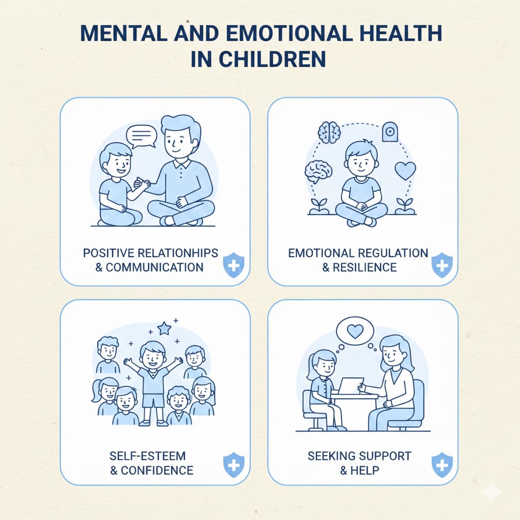 A professional infographic on a classic off-white background illustrating four pillars of child psychology: positive communication, emotional resilience, self-confidence, and professional support.