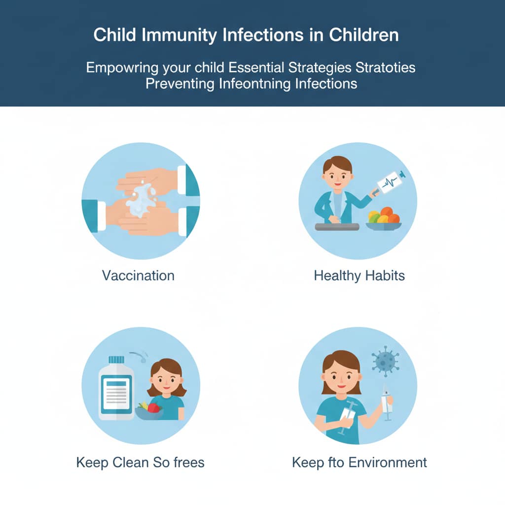 A medical infographic featuring four circular icons that illustrate hand washing, vaccination, healthy eating, and maintaining a clean environment to prevent childhood infections.