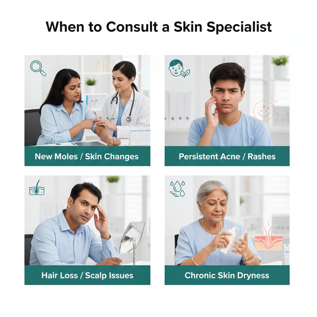A medical infographic showing four different scenarios including skin moles, acne, hair loss, and chronic dryness to indicate when to visit a dermatologist.