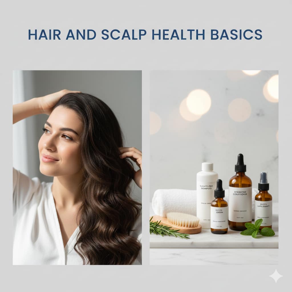 A professional split-screen image featuring a woman with healthy, flowing brown hair and a collection of premium scalp treatment bottles and serums on a marble surface.