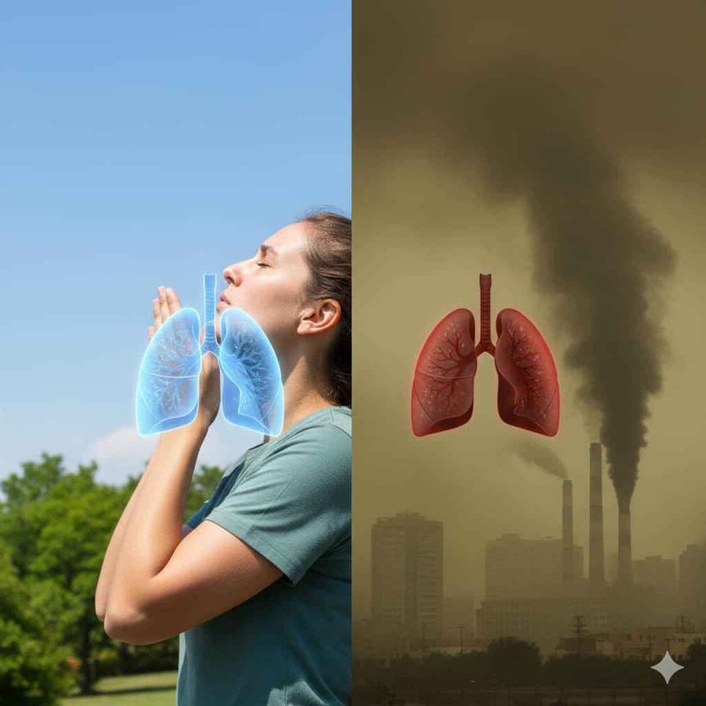 A split-screen comparison showing a person breathing fresh air in nature versus a city with heavy industrial smog and red, inflamed lungs.