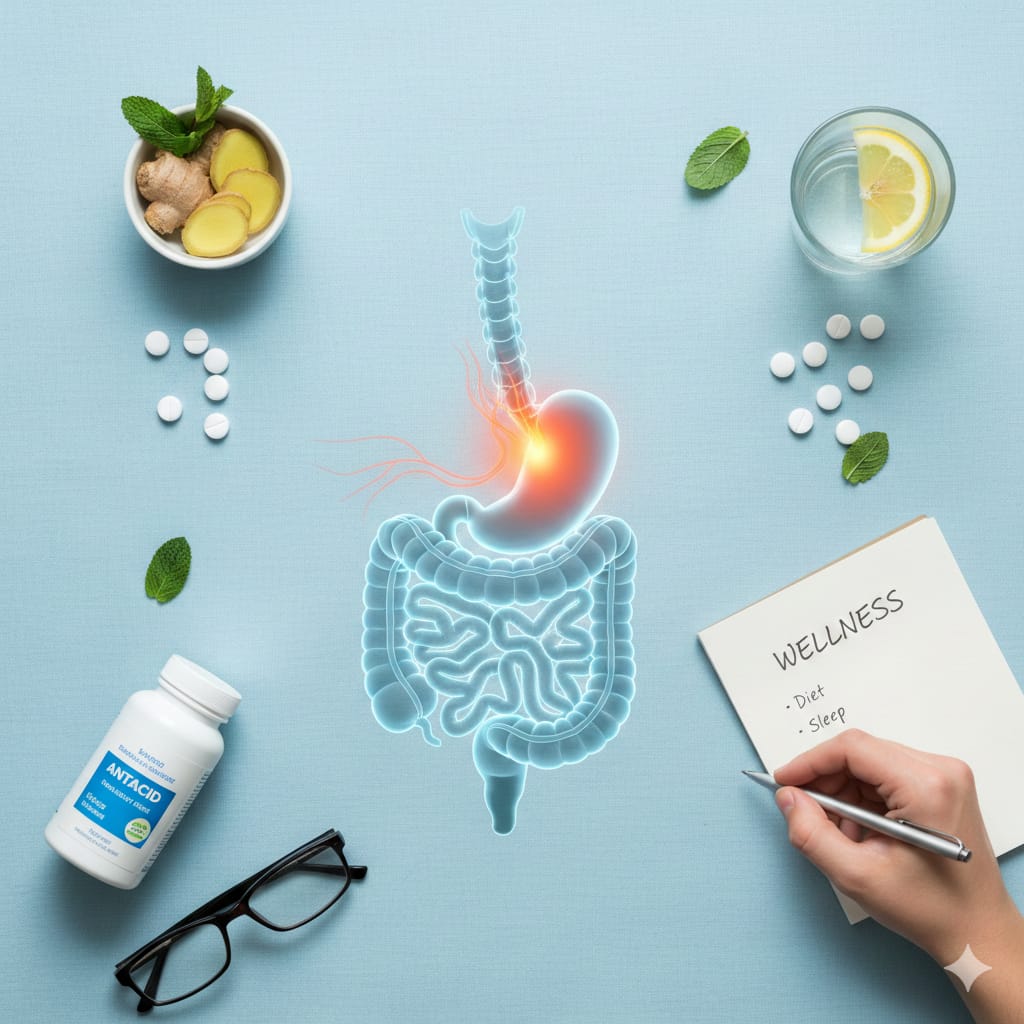 A professional medical illustration of the human digestive system showing acid reflux in the stomach, surrounded by natural remedies like ginger, antacids, and a wellness checklist.