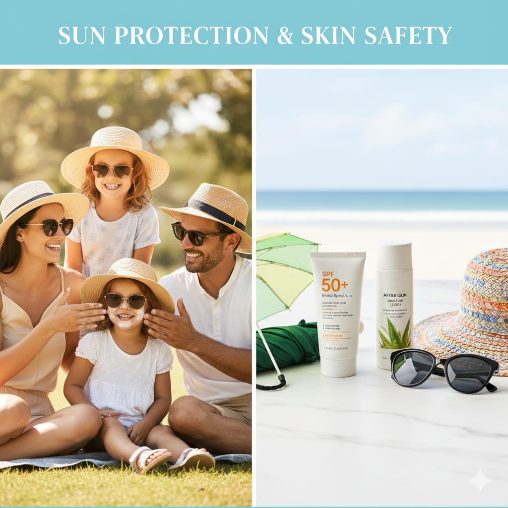 A bright, high-quality collage featuring a happy family wearing hats and sunglasses outdoors, alongside SPF 50+ sunscreen, aloe vera gel, and protective accessories.