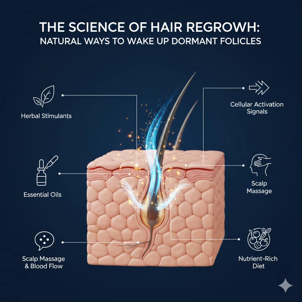 A clinical medical infographic on a navy blue background featuring a 3D cross-section of skin showing a hair follicle being activated by glowing energy, surrounded by icons for herbal stimulants and scalp massage.