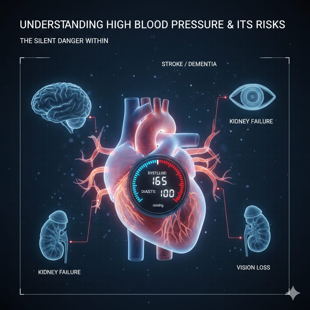 A high-tech medical infographic showing a glowing 3D heart and the organs affected by high blood pressure.
